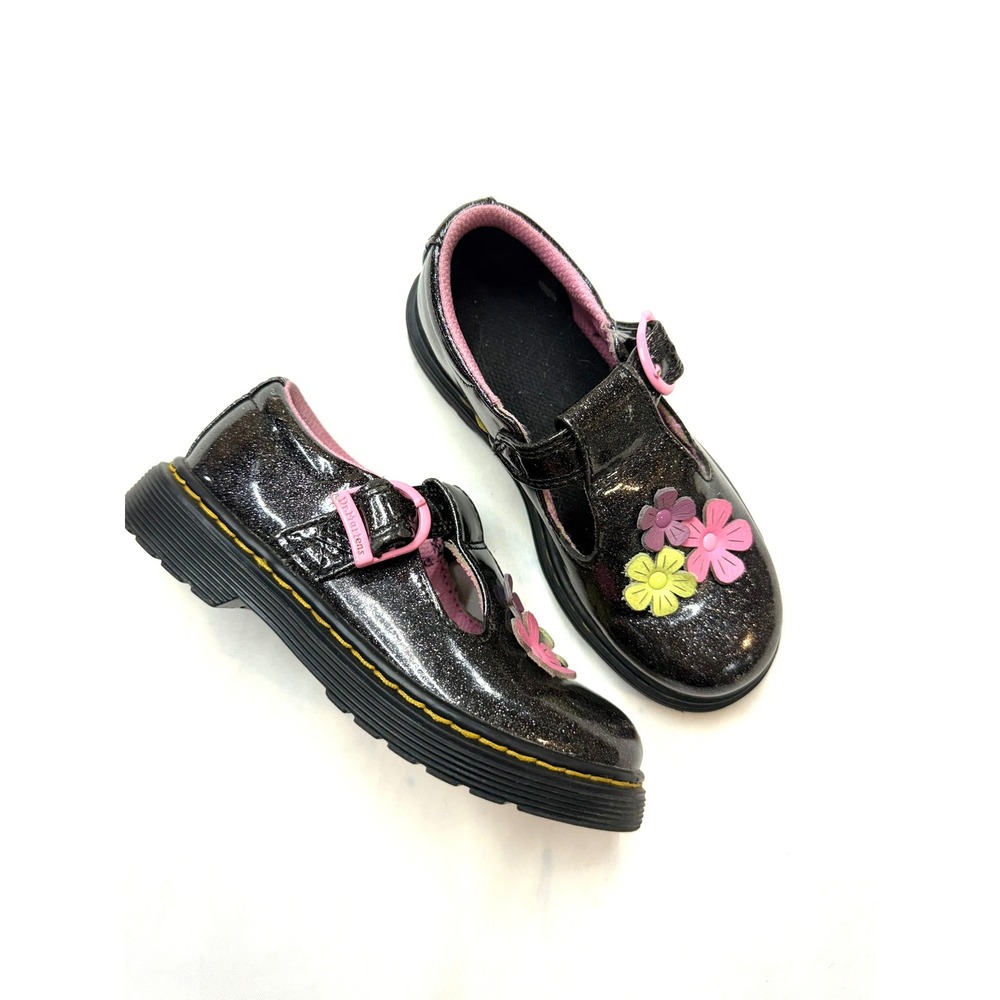 DR MARTENS Youth Girls 11 Black Polley Glitzy Floral Mary Jane Flat Shoes PCBox